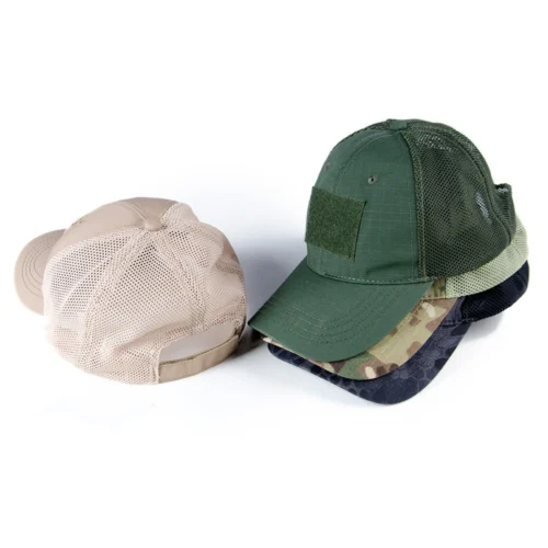 Breathable tactical ball caps stacked in khaki, green and black. Features mesh back, Velcro patch panel and ripstop fabric for military and outdoor use.