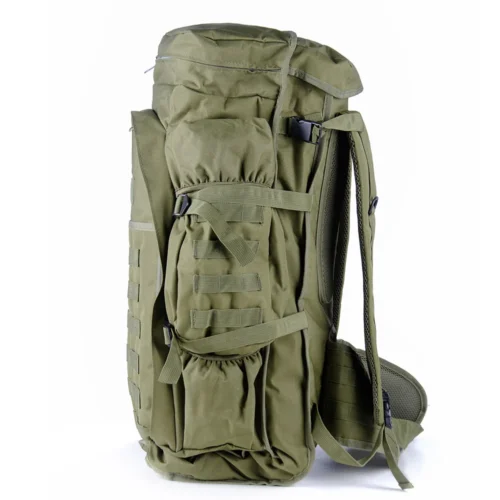 Side profile of a tactical backpack featuring MOLLE webbing, compression straps, and oversized storage pockets for field use.