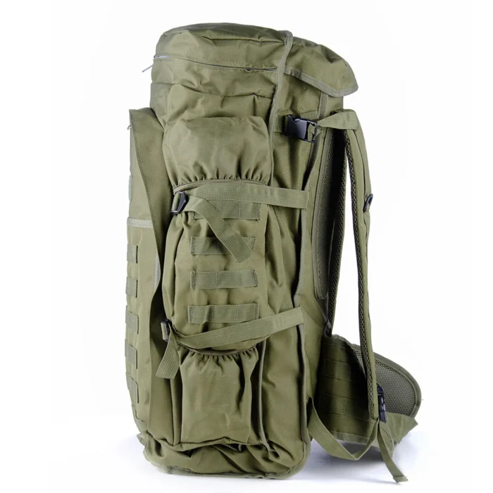 Side profile of a tactical backpack featuring MOLLE webbing, compression straps, and oversized storage pockets for field use.