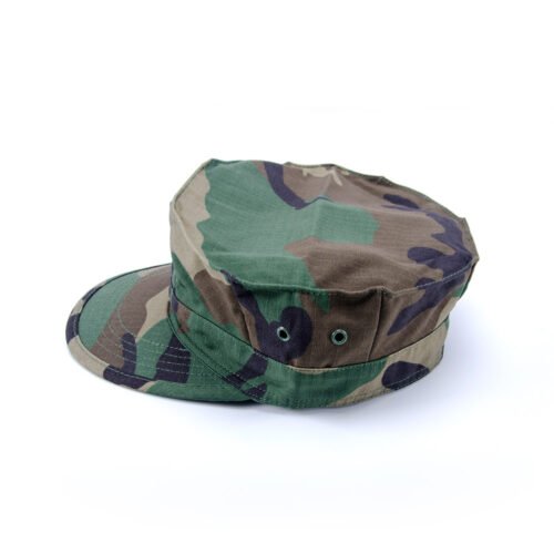 Durable woodland camouflage military patrol cap made from ripstop fabric, designed for army and tactical outdoor use.