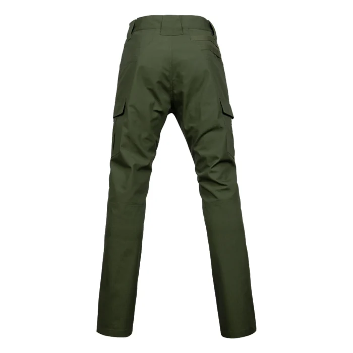 Back view of men’s cargo tactical pants showing reinforced stitching, breathable fabric, and ergonomic knee design for outdoor durability.