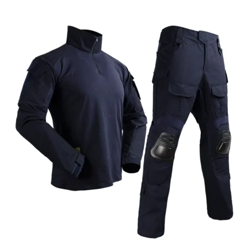 Navy blue tactical suit featuring a combat shirt and cargo pants with integrated knee protection, ideal for law enforcement and tactical training.