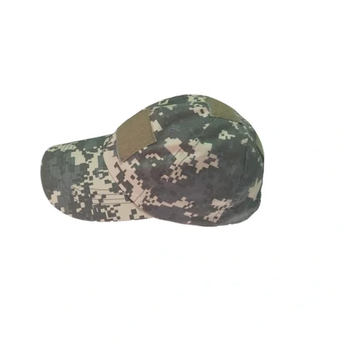 Side view of digital camo military cap with patch panels.