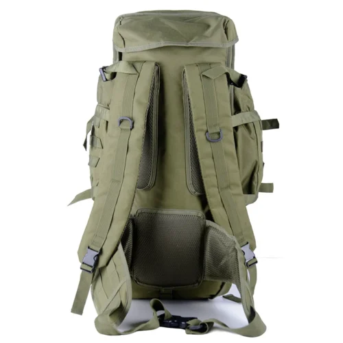 Close-up of tactical backpack back panel with padded shoulder straps, mesh support, and adjustable buckles for long-distance carrying.