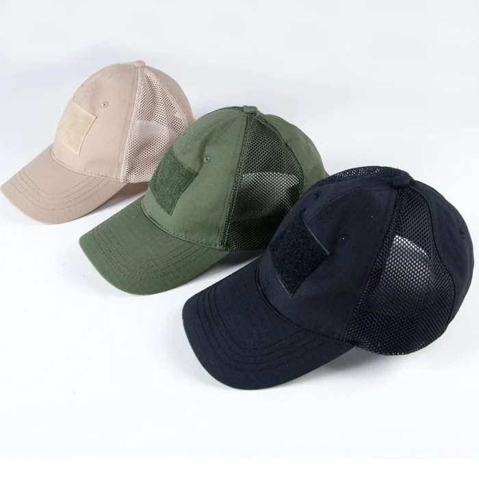 Durable tactical ball cap with mesh back panels, hook-and-loop patch area, and lightweight ripstop fabric. Available in khaki, green, and black for tactical or outdoor use.