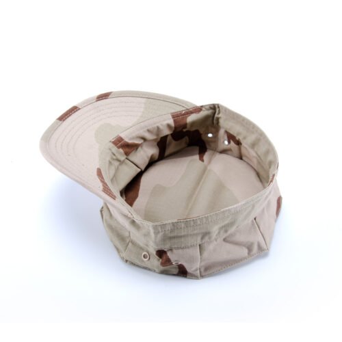 Lightweight desert camouflage army cap with reinforced stitching and breathable eyelets, ideal for military and field operations.