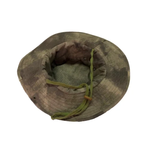 Inside view of an ACU camouflage military boonie hat, featuring breathable eyelets and ripstop fabric for field durability—ideal for army, tactical, and outdoor OEM orders.