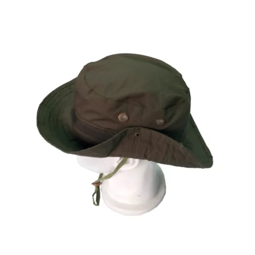 Classic olive green military boonie hat with chin strap and breathable eyelets. Designed for tactical forces, outdoor activities, and large-scale OEM manufacturing.