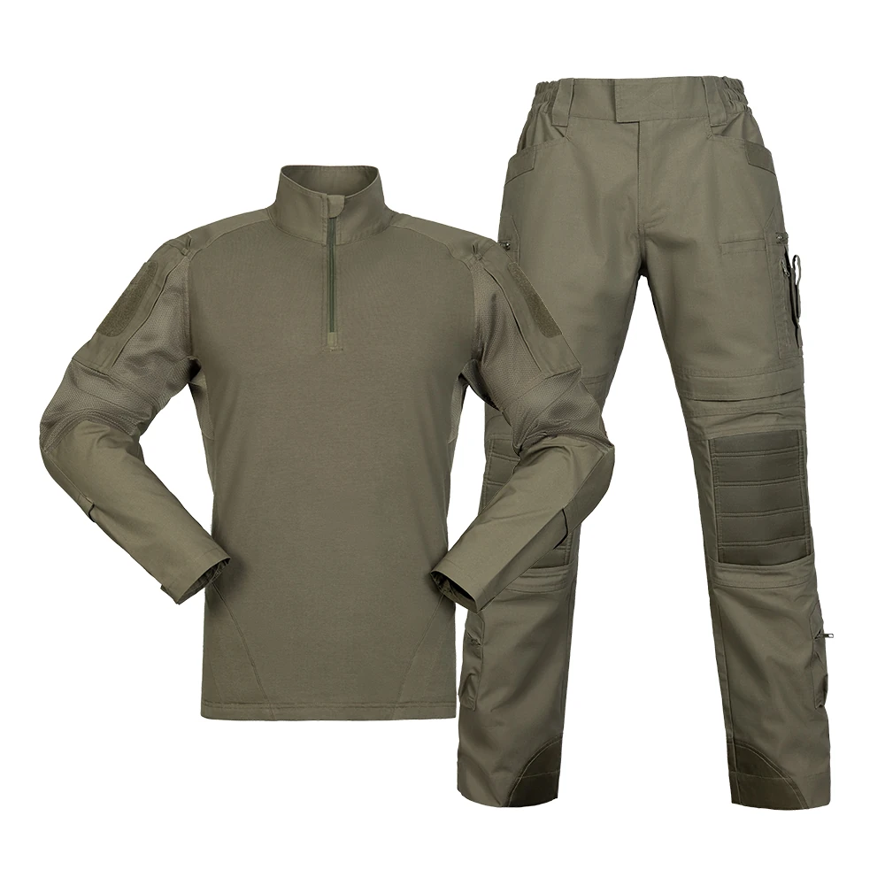 Sand green tactical uniform set including ripstop fabric shirt and cargo pants with padding at elbows and knees for enhanced protection.