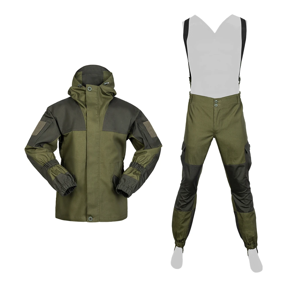Front view of tactical apparel set in army green, featuring a waterproof combat jacket and cargo pants with elastic cuffs and suspenders.
