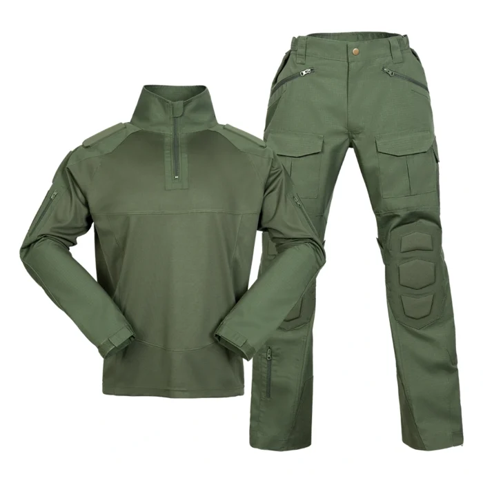 Tactical Suit – Army Green Combat Set with Reinforced Knees Army green tactical suit featuring long-sleeve shirt and cargo pants with ripstop fabric and adjustable cuffs for field use.