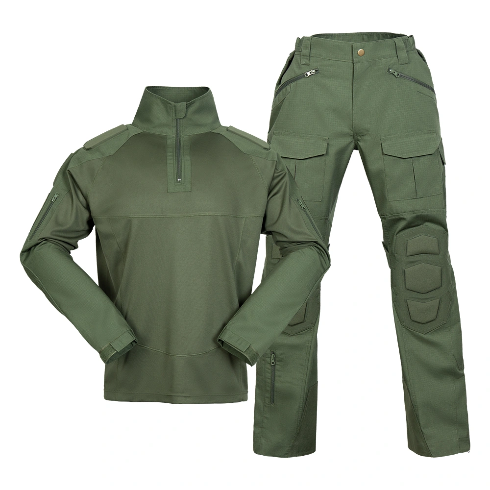 Army green tactical suit featuring long-sleeve shirt and cargo pants with ripstop fabric and adjustable cuffs for field use.