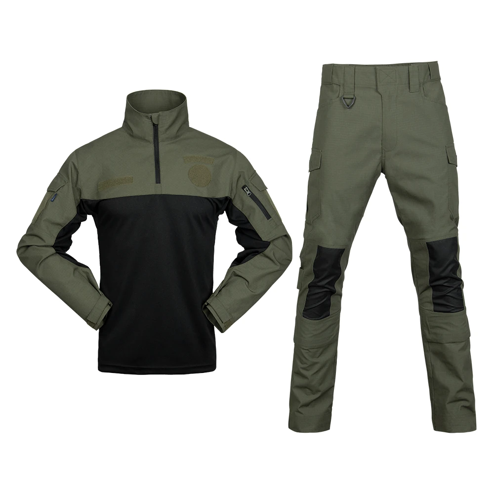 Front view of tactical apparel set featuring half-zip combat shirt and ripstop cargo pants with reinforced knee protection.
