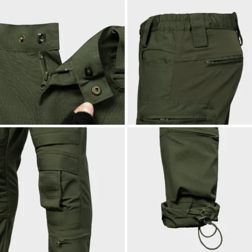Close-up of tactical pants showing button waist, zipper fly, elastic waistband, and adjustable drawstring cuffs for secure field fit.