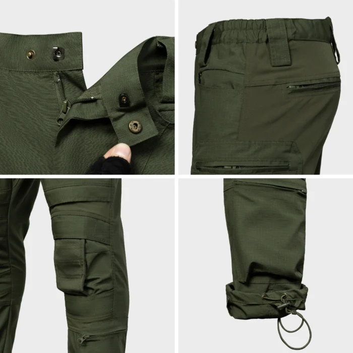 Close-up of tactical pants showing button waist, zipper fly, elastic waistband, and adjustable drawstring cuffs for secure field fit.