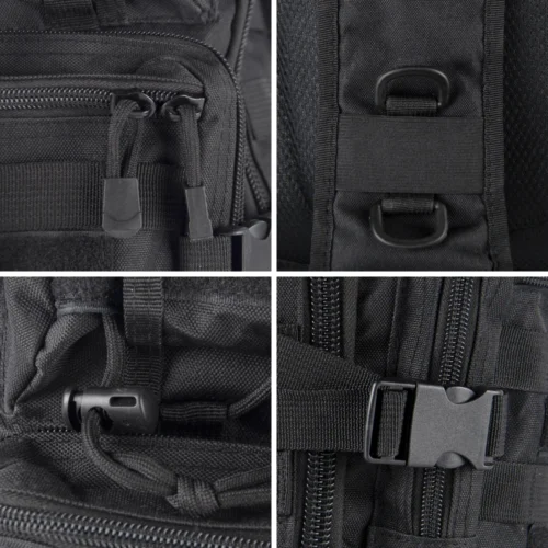 Close-up details of a tactical backpack showing reinforced stitching, heavy-duty zippers, buckles, and MOLLE webbing for rugged field performance.