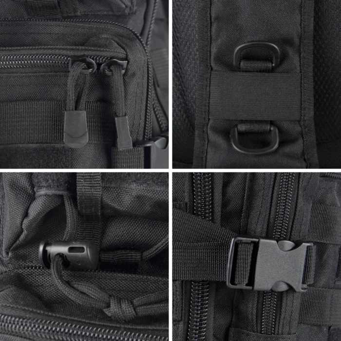 Close-up details of a tactical backpack showing reinforced stitching, heavy-duty zippers, buckles, and MOLLE webbing for rugged field performance.