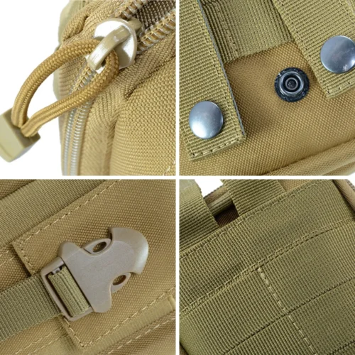 Close-up details of tactical waist bag components including reinforced stitching, heavy-duty zippers, buckle system, and MOLLE webbing for attachments.