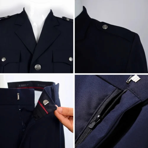 Close-up details of a security guard uniform including metal buttons, reinforced stitching, shoulder epaulets, and waistband structure for professional use.
