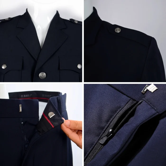 Close-up details of a security guard uniform including metal buttons, reinforced stitching, shoulder epaulets, and waistband structure for professional use.