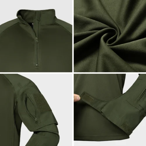Close-up of tactical shirt showing half-zip front, breathable fabric texture, arm zipper pocket, and velcro cuff adjustment.