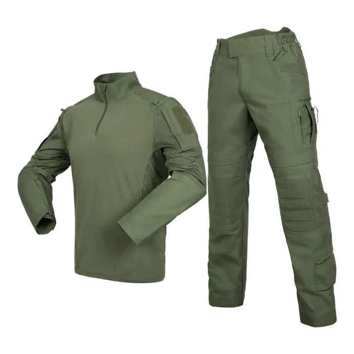 Army green tactical suit with breathable combat shirt and reinforced knee cargo pants, ideal for military, airsoft, and outdoor missions.
