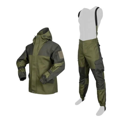 Tactical apparel including adjustable hooded jacket and reinforced cargo pants, ideal for tactical missions and outdoor protection.