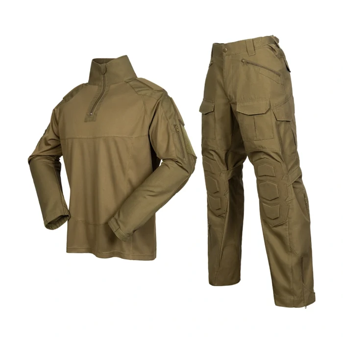 Khaki tactical uniform combining lightweight combat shirt and durable cargo pants with knee reinforcement, ideal for outdoor missions.