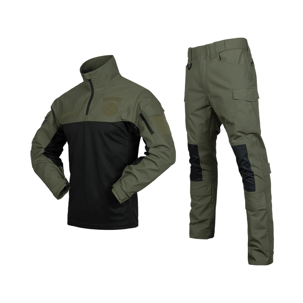 Tactical apparel set in army green and black, including long-sleeve shirt and cargo pants with reinforced knees and multiple utility pockets.