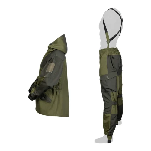 Side view of tactical apparel set featuring waterproof combat jacket and cargo pants with suspenders, designed for outdoor and military training.
