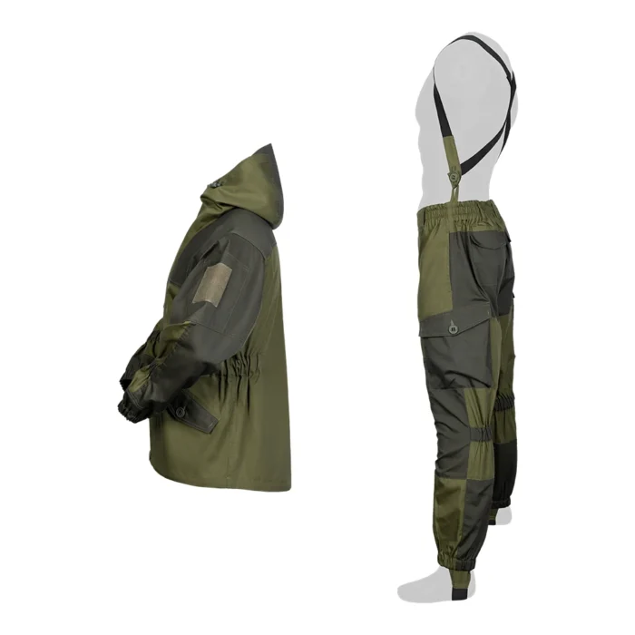 Side view of tactical apparel set featuring waterproof combat jacket and cargo pants with suspenders, designed for outdoor and military training.