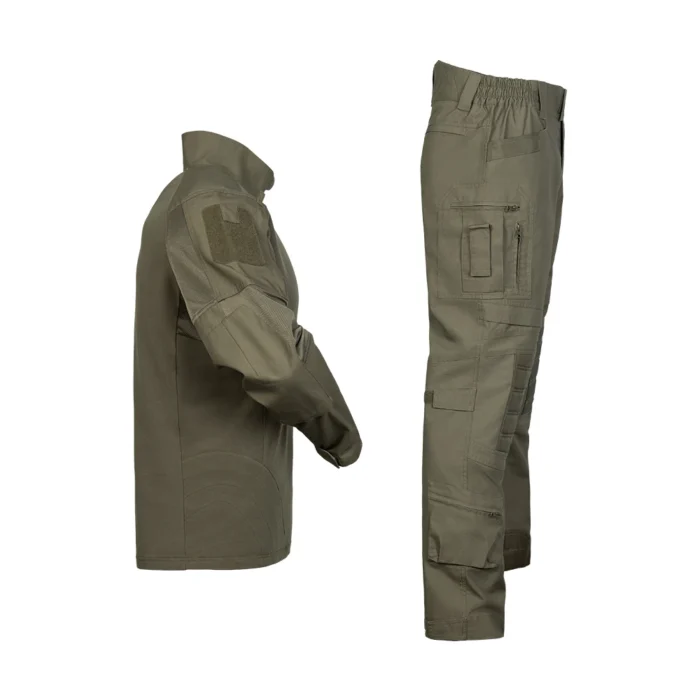 Side view of tactical suit showing durable combat shirt and pants with reinforced stitching, multiple pockets, and ergonomic arm design.