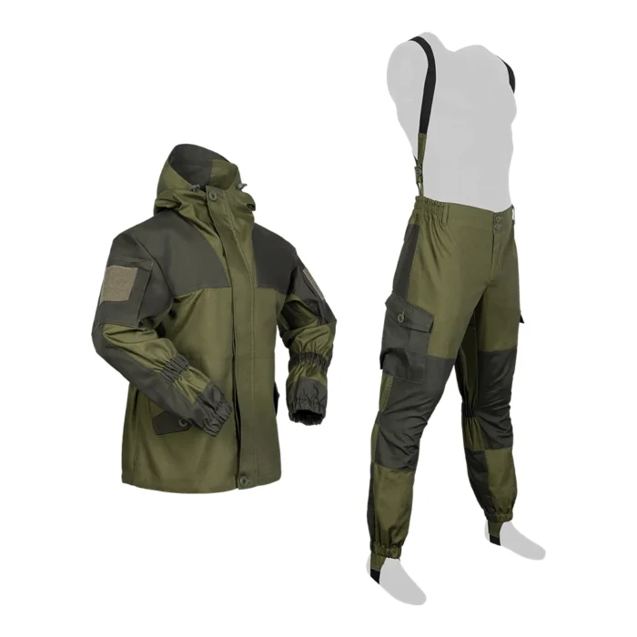 Full tactical apparel set with waterproof jacket and reinforced cargo pants, designed for military, hunting, and outdoor tactical performance.
