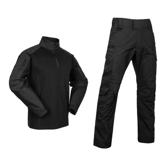 Black tactical uniform combining long-sleeve combat shirt and reinforced cargo pants, ideal for tactical missions and security work.