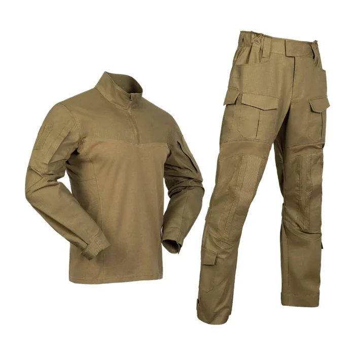 Khaki tactical uniform set including long-sleeve combat shirt and cargo pants, designed for soldiers and outdoor professionals.