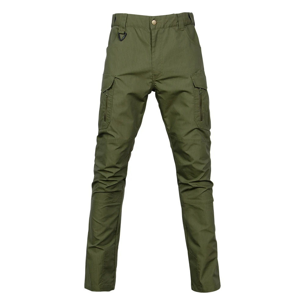 Army green tactical pants for men with ripstop fabric, cargo pockets, and reinforced knees for hiking, work, and outdoor tactical use.