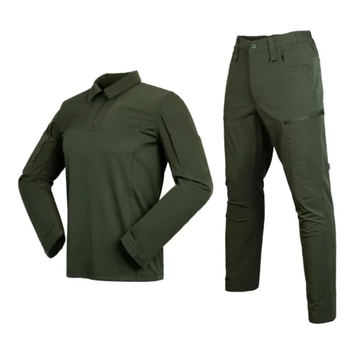 Army green tactical uniform with breathable stretch panels and reinforced fabric, ideal for training, patrol, and outdoor missions.