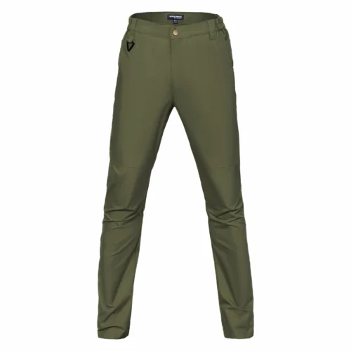 Army green waterproof tactical pants for men made of breathable ripstop fabric, featuring ergonomic knees and multiple functional pockets for hiking and tactical missions.