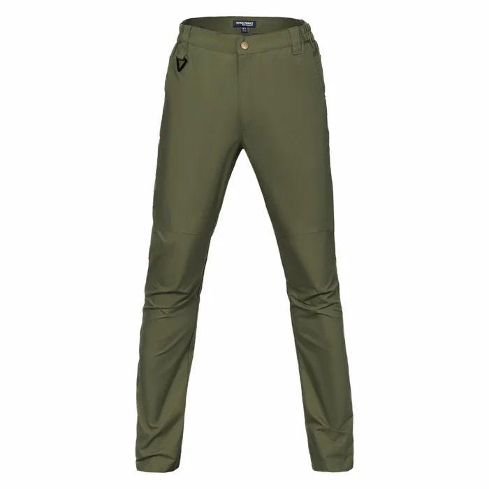 Army green waterproof tactical pants for men made of breathable ripstop fabric, featuring ergonomic knees and multiple functional pockets for hiking and tactical missions.