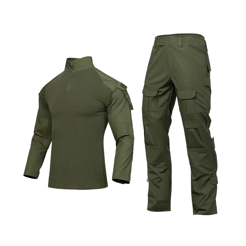 Army green tactical uniform with breathable long-sleeve shirt and ripstop cargo pants designed for durability and mobility in training missions.