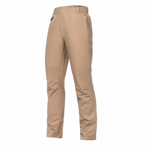 Khaki waterproof tactical pants for men with lightweight quick-dry fabric, elastic waist, and durable ripstop design for outdoor work and travel.