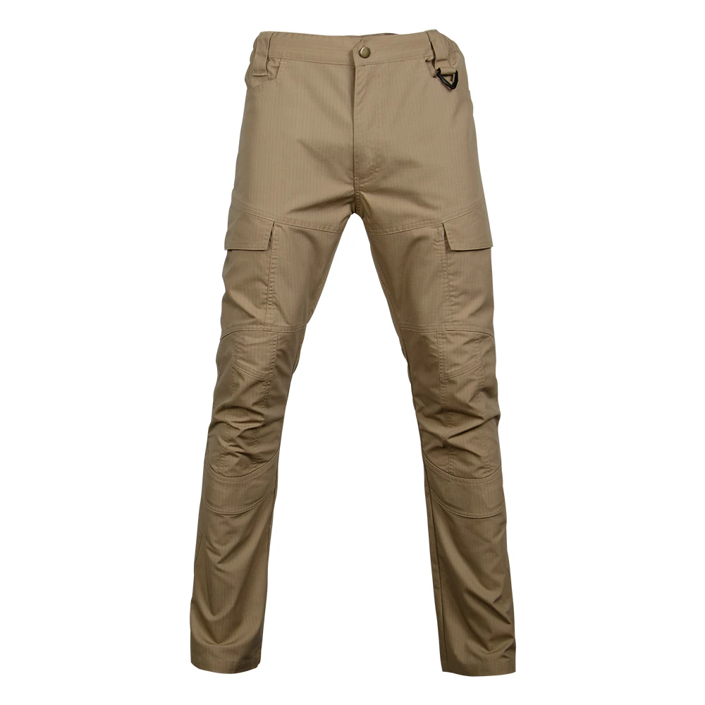 Khaki ripstop tactical pants for men featuring breathable fabric, reinforced stitching, and cargo pockets for hiking, work, or training.