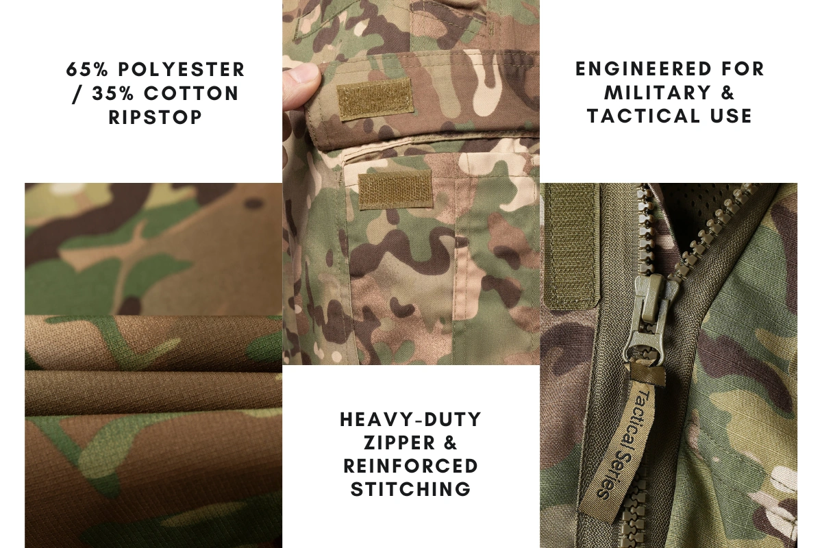 Close-up of military uniform fabric details showing ripstop texture, zipper, and reinforced stitching used in tactical clothing production.