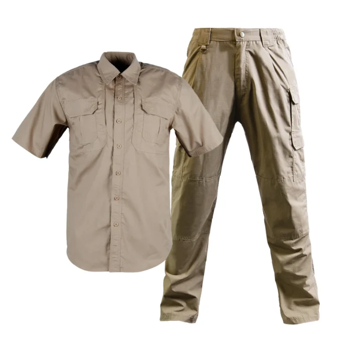 Khaki tactical suit with short-sleeve shirt and durable cargo pants, designed for outdoor missions and desert operations.