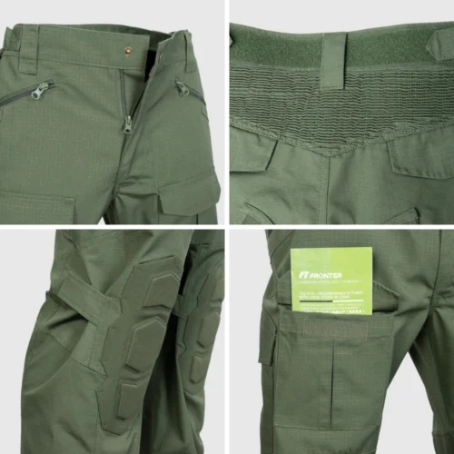 Detailed view of tactical pants showing zipper pockets, elastic waist design, protective knee pads, and back utility pocket with logo tag.
