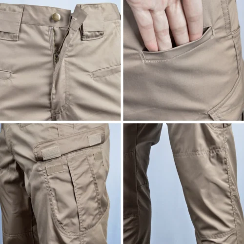 Close-up of tactical pants in khaki showing zipper fly, hand pocket, cargo storage compartments, and reinforced stitching for durability.