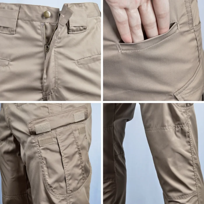 Close-up of tactical pants in khaki showing zipper fly, hand pocket, cargo storage compartments, and reinforced stitching for durability.