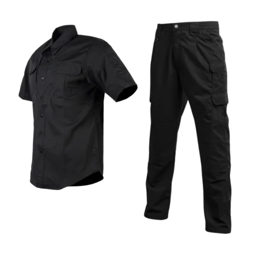 Black tactical suit featuring a short-sleeve combat shirt and cargo pants, ideal for summer military training and tactical operations.