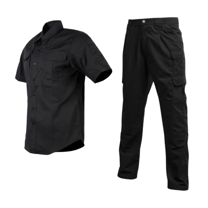 Black tactical suit featuring a short-sleeve combat shirt and cargo pants, ideal for summer military training and tactical operations.