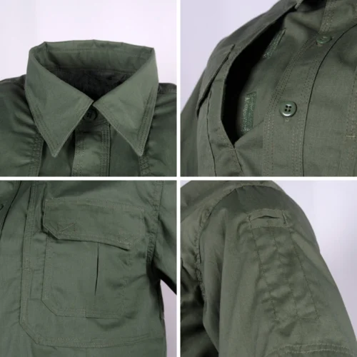 Close-up of tactical shirt in army green showing collar, chest pocket, and reinforced stitching for tactical performance.